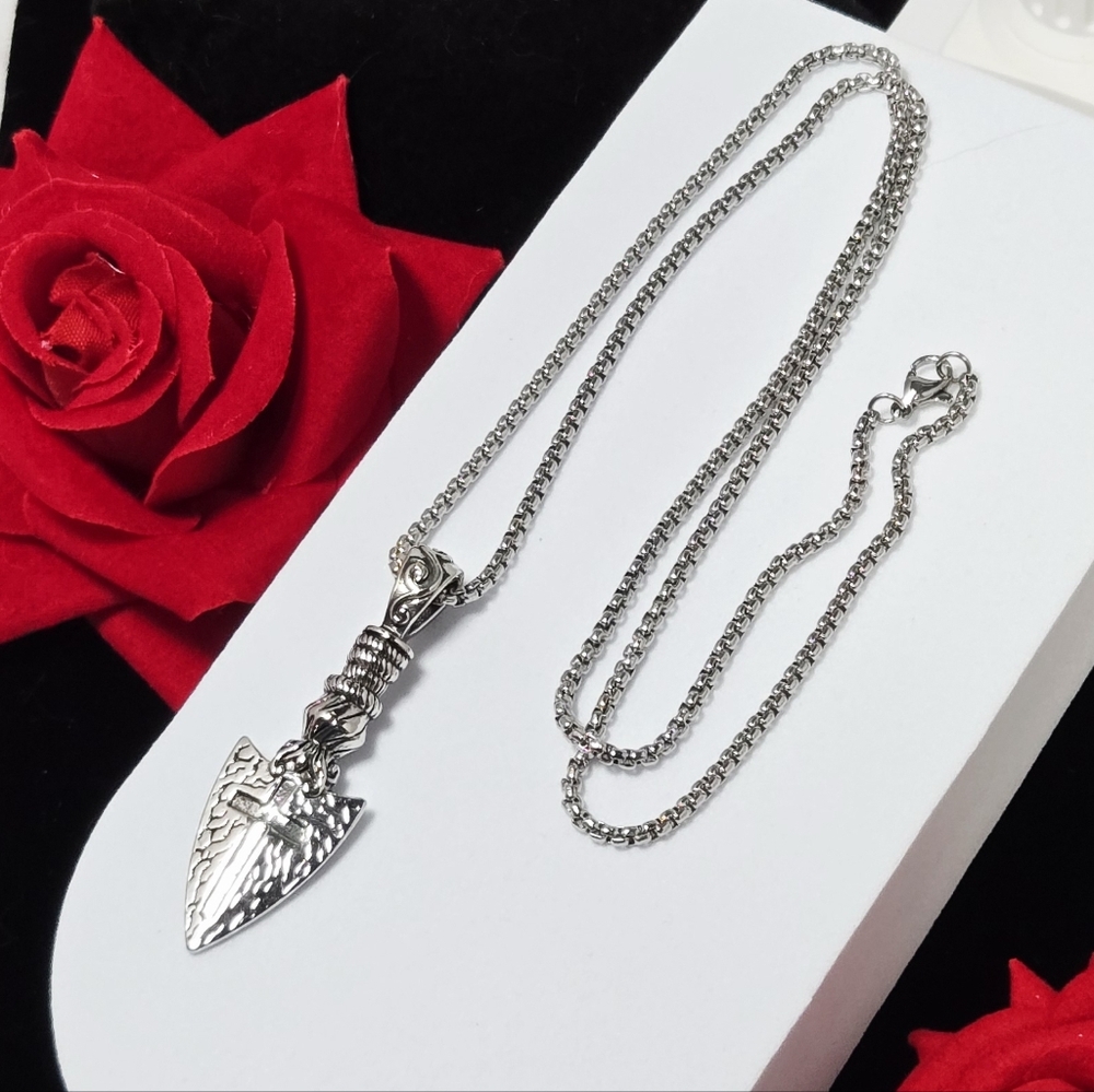 Mens Cross Arrowhead Necklace Stainless Steel 24" Chain Christian Western Biker - Picture 5 of 6